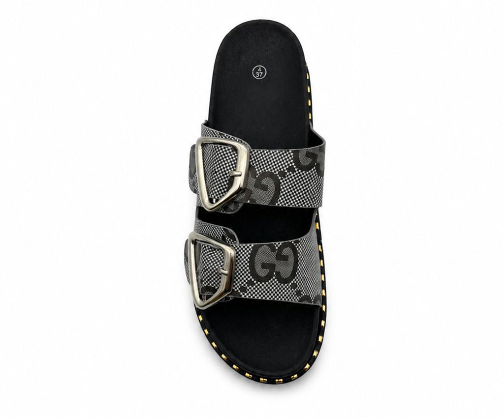 Jenny Women's Mules Slides Double Buckle Monogram Faux Leather Sandals