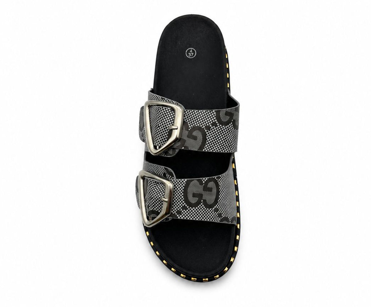 Jenny Women's Mules Slides Double Buckle Monogram Faux Leather Sandals