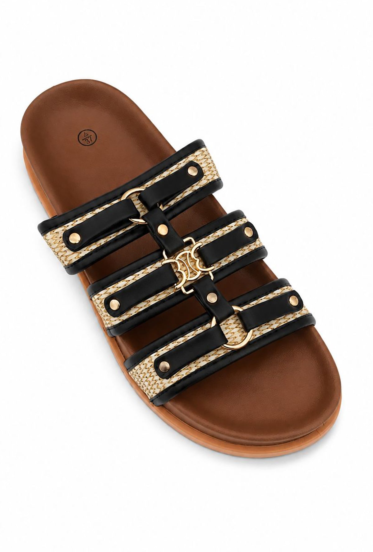 Athena Women's Open Toe Flat Slider Sandals | Faux Leather Multi-Strap Slip-Ons