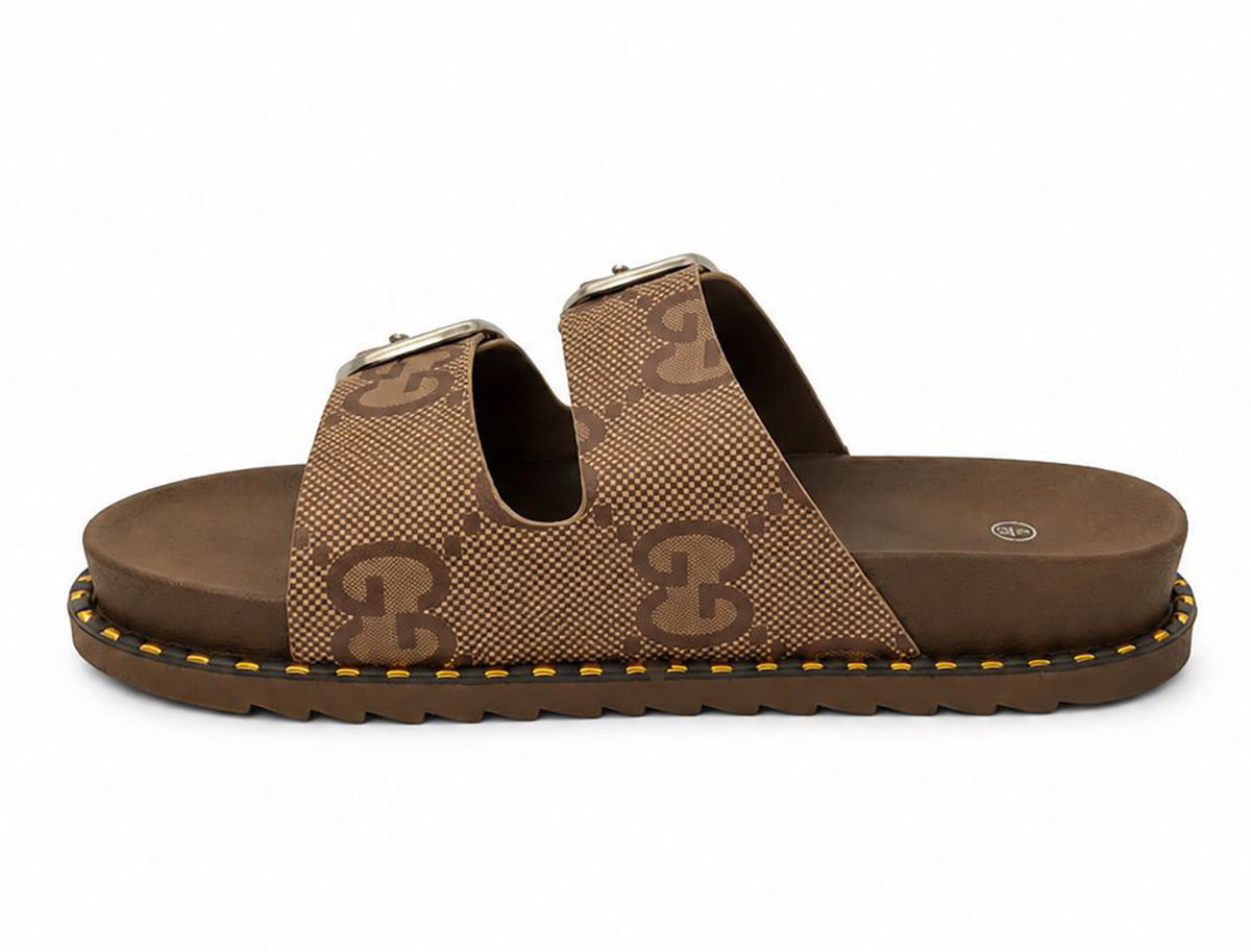 Jenny Women's Mules Slides Double Buckle Monogram Faux Leather Sandals