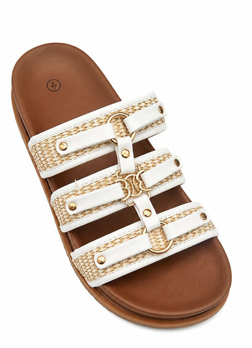 Athena Women's Open Toe Flat Slider Sandals | Faux Leather Multi-Strap Slip-Ons