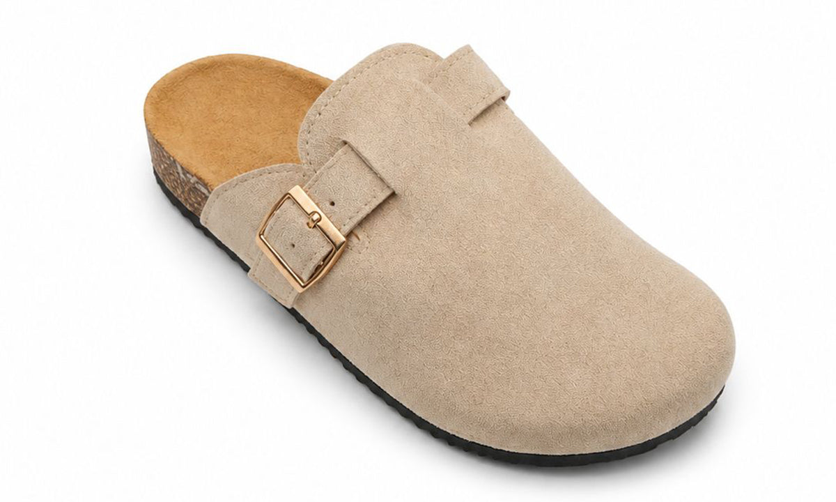 Sophia Ladies Faux Suede Closed Toe Mules | Comfort Buckle Clogs