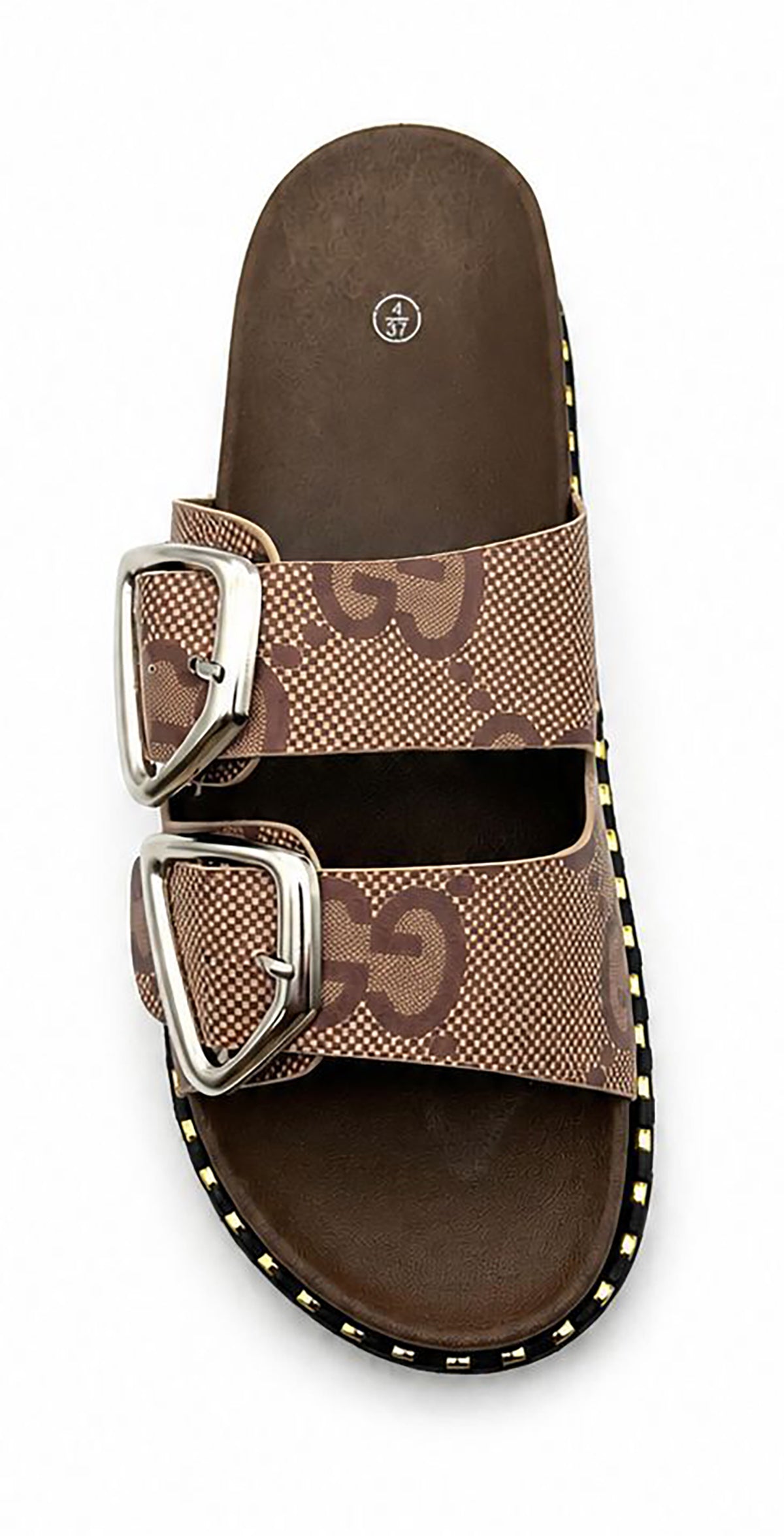 Jenny Women's Mules Slides Double Buckle Monogram Faux Leather Sandals