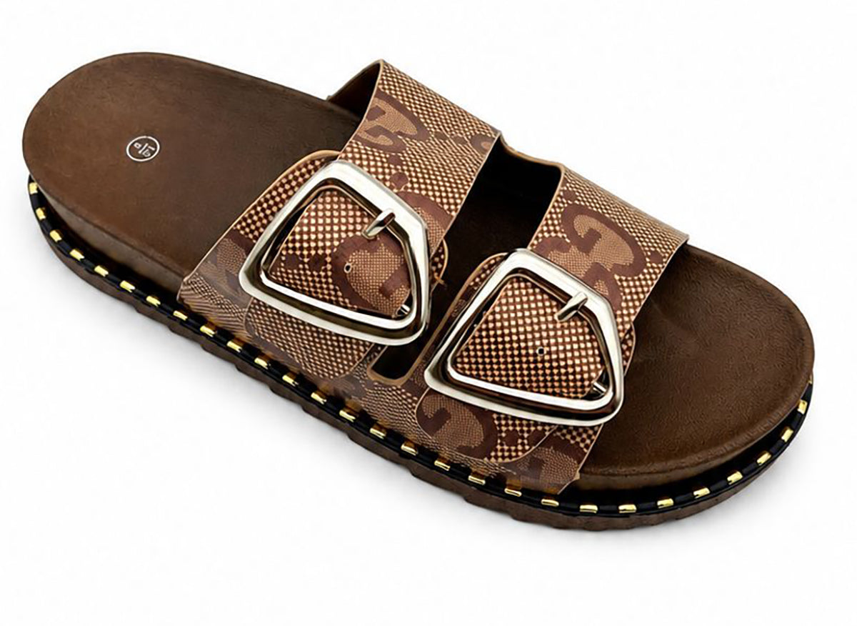 Jenny Women's Mules Slides Double Buckle Monogram Faux Leather Sandals