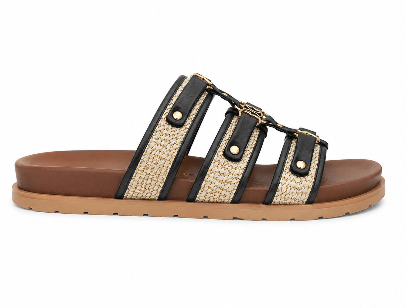 Athena Women's Open Toe Flat Slider Sandals | Faux Leather Multi-Strap Slip-Ons