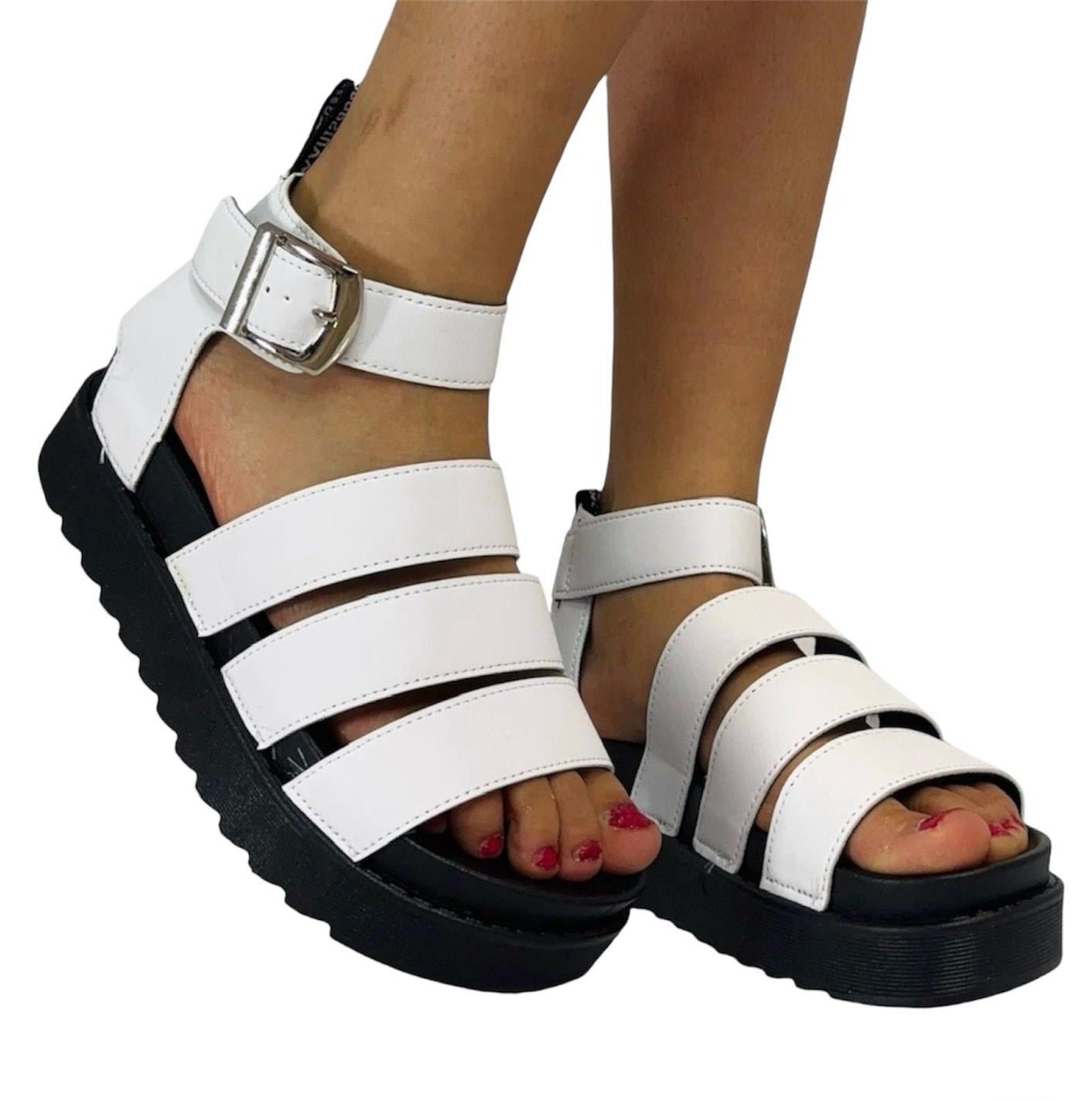 Chloe Ladies Faux Leather Gladiator Platform Sandals | Multi-Strap Buckle Open Toe