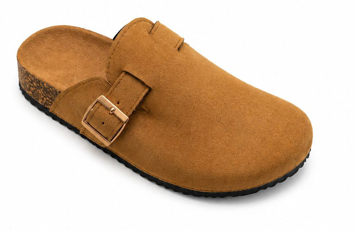 Sophia Ladies Faux Suede Closed Toe Mules | Comfort Buckle Clogs