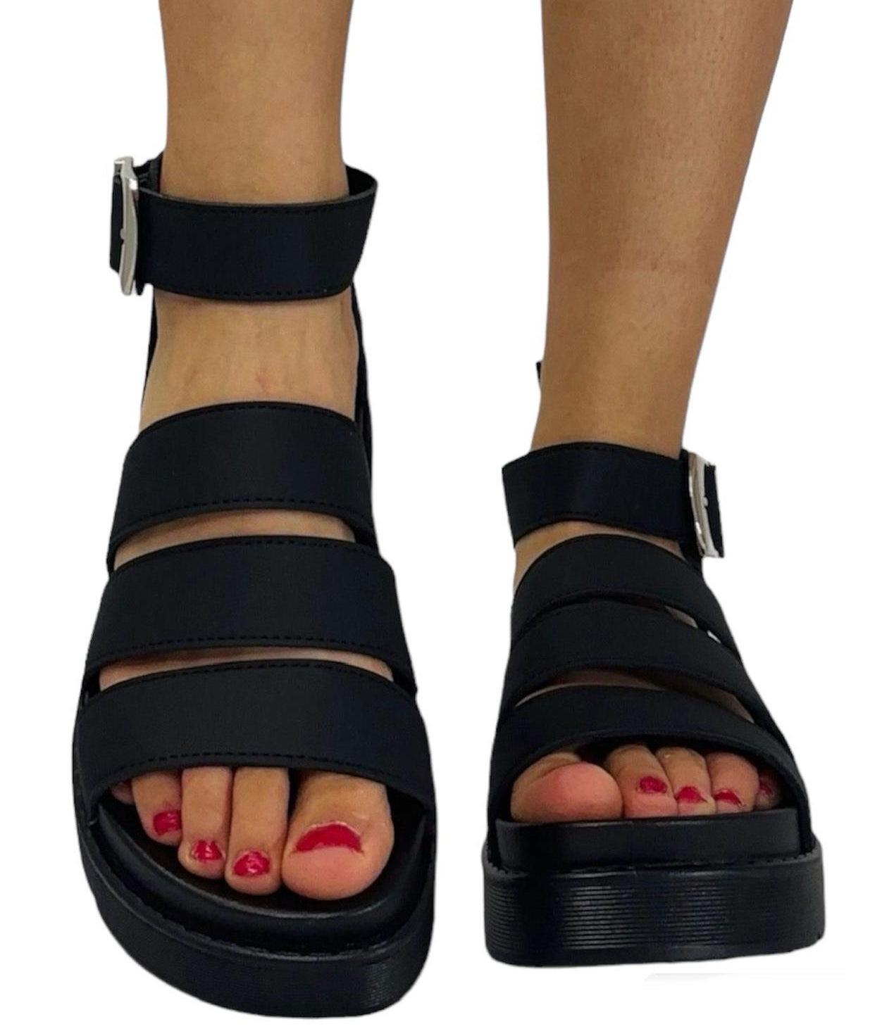 Chloe Ladies Faux Leather Gladiator Platform Sandals | Multi-Strap Buckle Open Toe