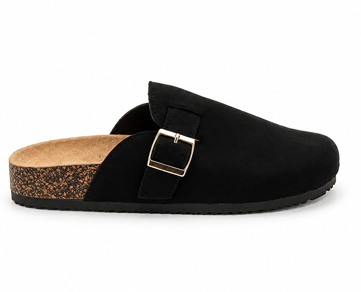 Sophia Ladies Faux Suede Closed Toe Mules | Comfort Buckle Clogs