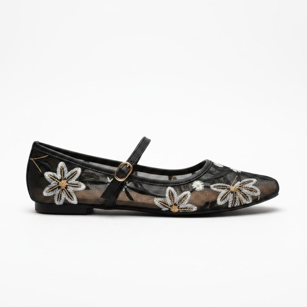 Lily Women's Sheer Mesh Flat Pumps | Floral Embroidered Mary Janes