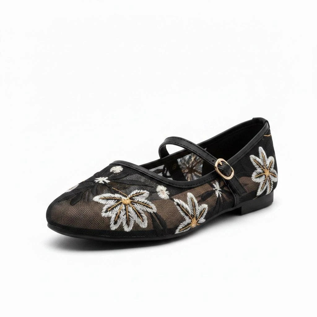 Lily Women's Sheer Mesh Flat Pumps | Floral Embroidered Mary Janes