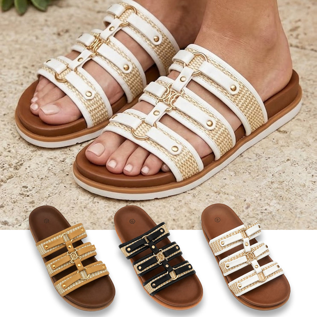 Athena Women's Open Toe Flat Slider Sandals | Faux Leather Multi-Strap Slip-Ons