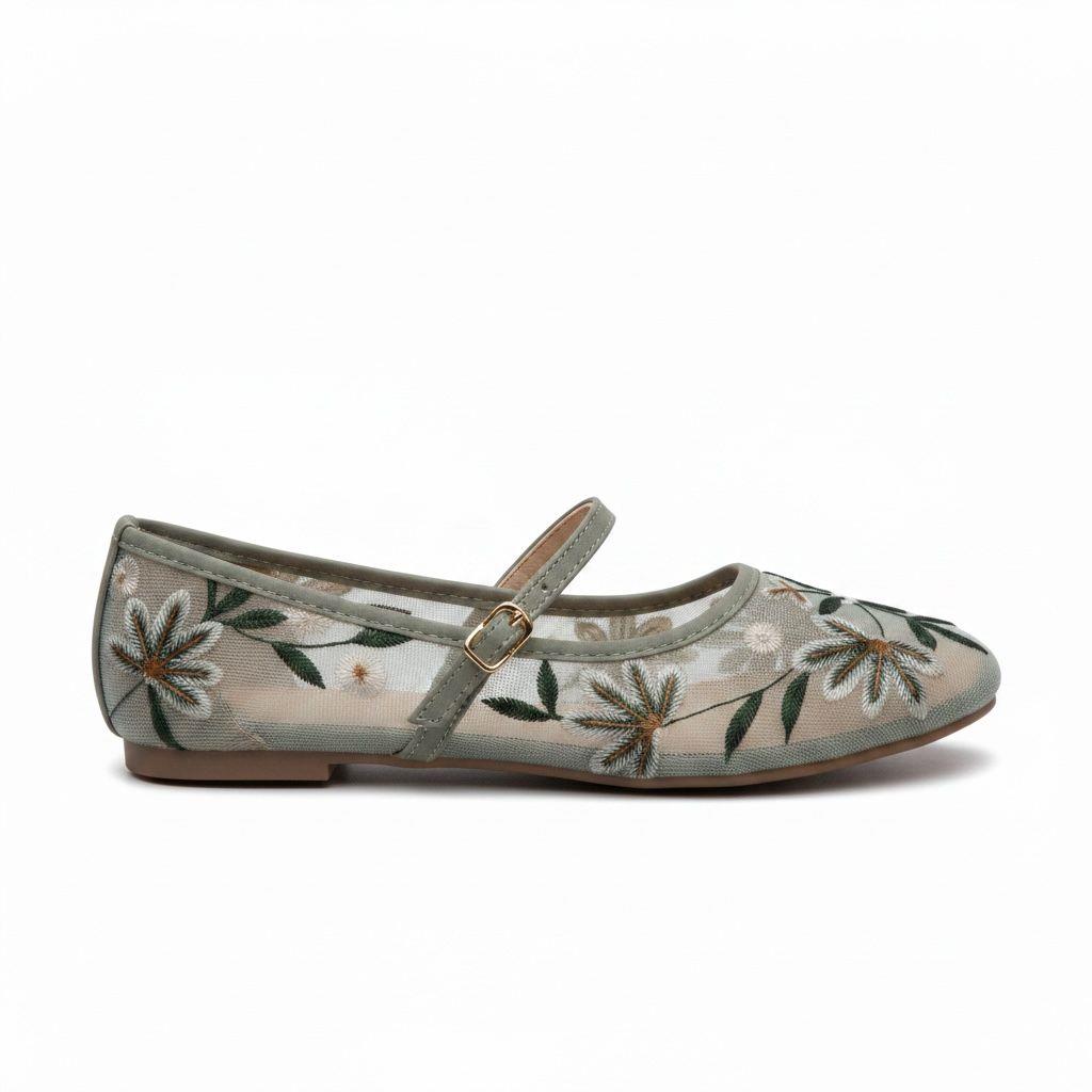 Lily Women's Sheer Mesh Flat Pumps | Floral Embroidered Mary Janes