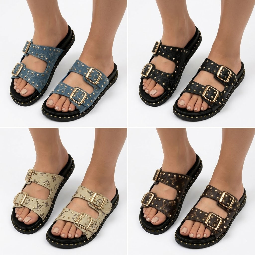 Hannah Ladies Studded Monogram Double Buckle Slide Sandals