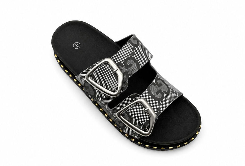 Jenny Women's Mules Slides Double Buckle Monogram Faux Leather Sandals