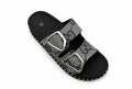 Jenny Women's Mules Slides Double Buckle Monogram Faux Leather Sandals