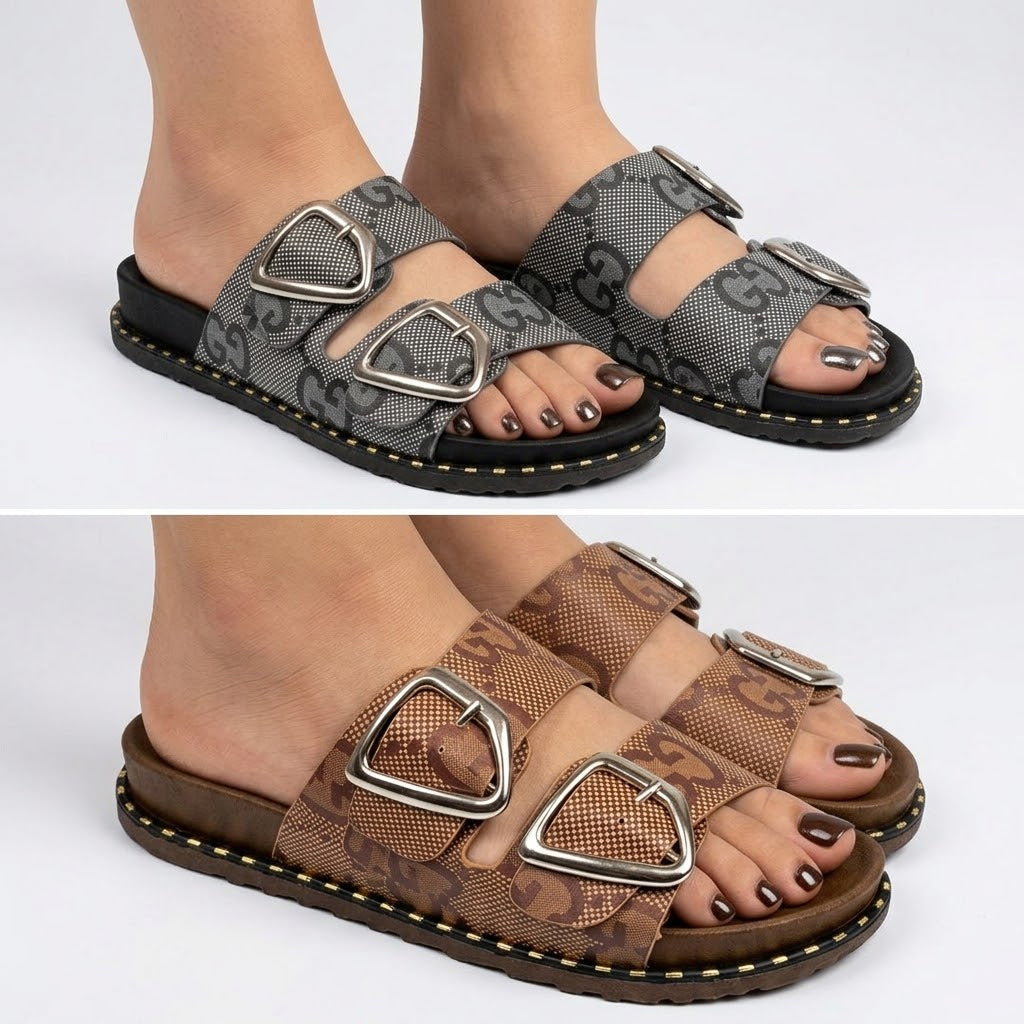 omen's Monogram Double Buckle Faux Leather Slide Sandals