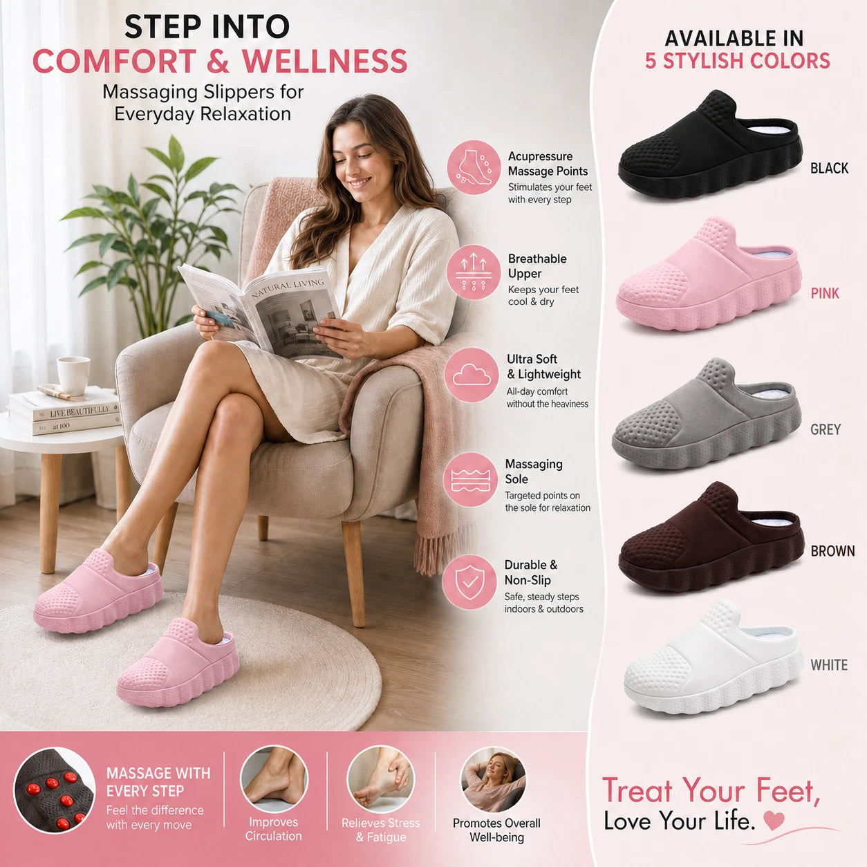 A promotional graphic for massage slippers. On the left, a woman sits in a beige armchair wearing light pink massage slippers and reading a book.