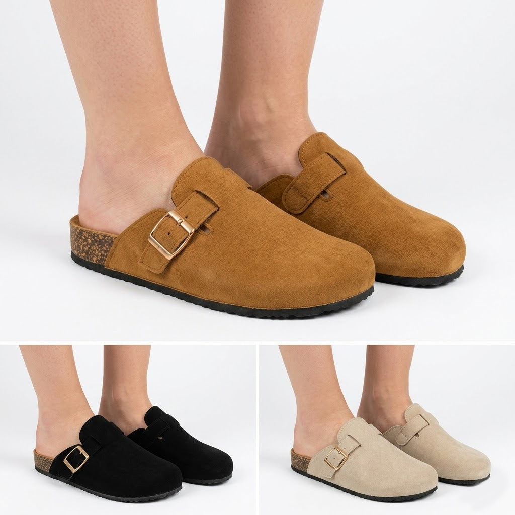 Sophia Ladies Faux Suede Closed Toe Mules | Comfort Buckle Clogs
