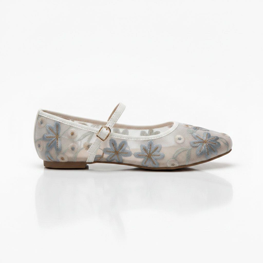 Lily Women's Sheer Mesh Flat Pumps | Floral Embroidered Mary Janes