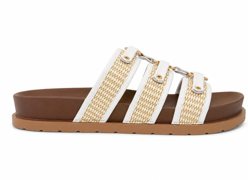 Athena Women's Open Toe Flat Slider Sandals | Faux Leather Multi-Strap Slip-Ons