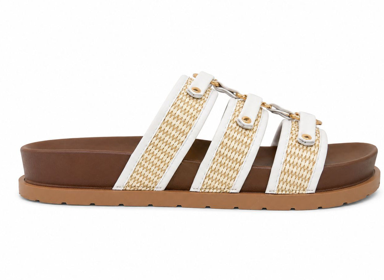 Athena Women's Open Toe Flat Slider Sandals | Faux Leather Multi-Strap Slip-Ons