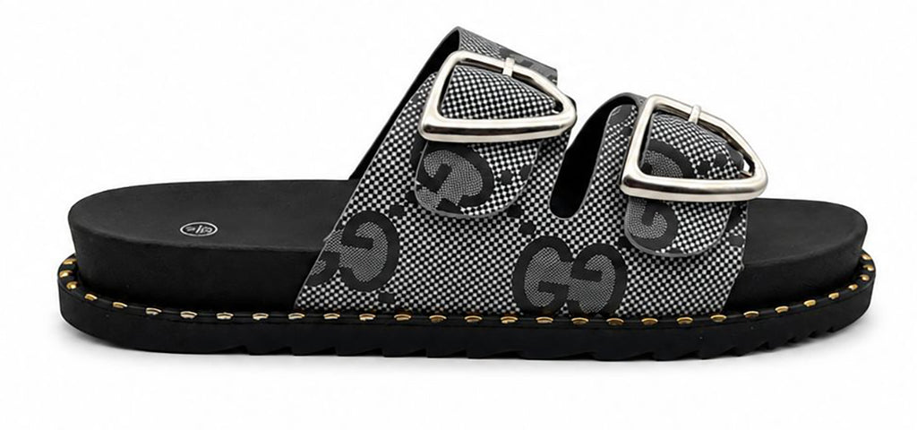 Jenny Women's Mules Slides Double Buckle Monogram Faux Leather Sandals
