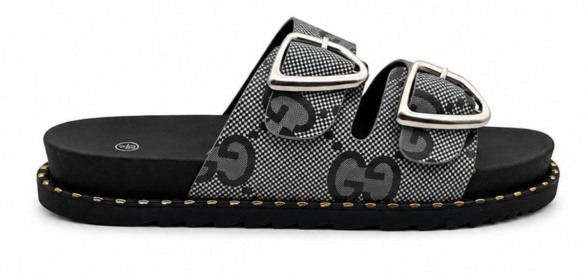 Jenny Women's Mules Slides Double Buckle Monogram Faux Leather Sandals