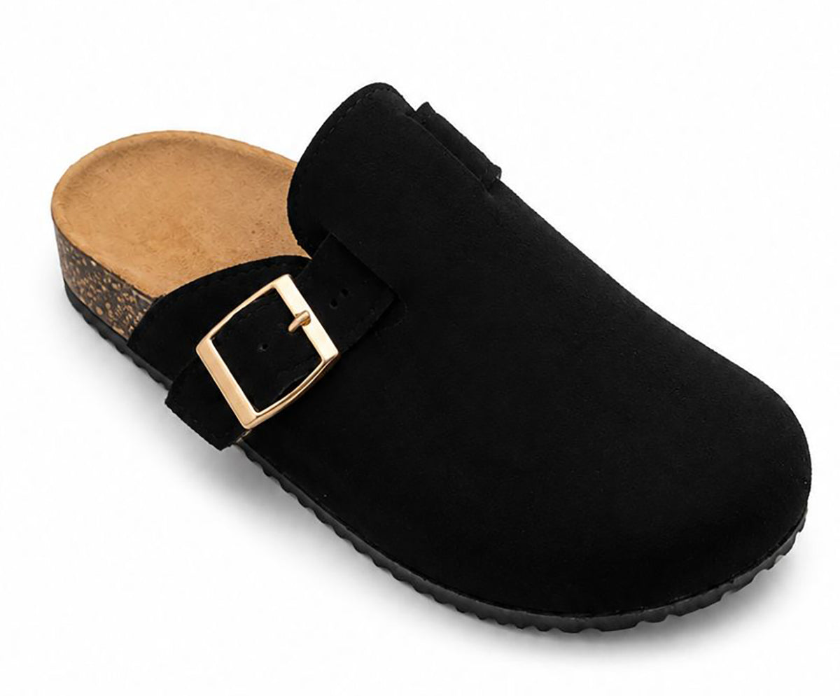 Sophia Ladies Faux Suede Closed Toe Mules | Comfort Buckle Clogs