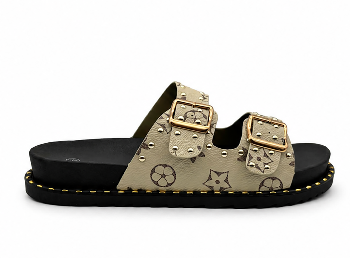 Hannah Ladies Studded Monogram Double Buckle Slide Sandals
