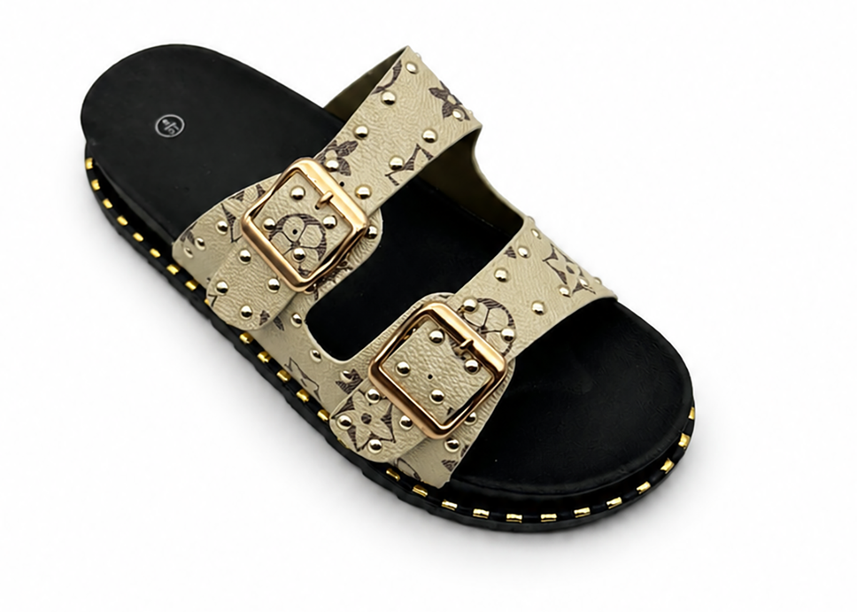 Hannah Ladies Studded Monogram Double Buckle Slide Sandals