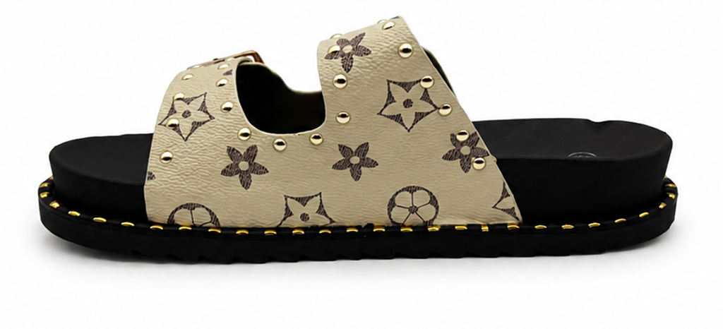 Hannah Ladies Studded Monogram Double Buckle Slide Sandals