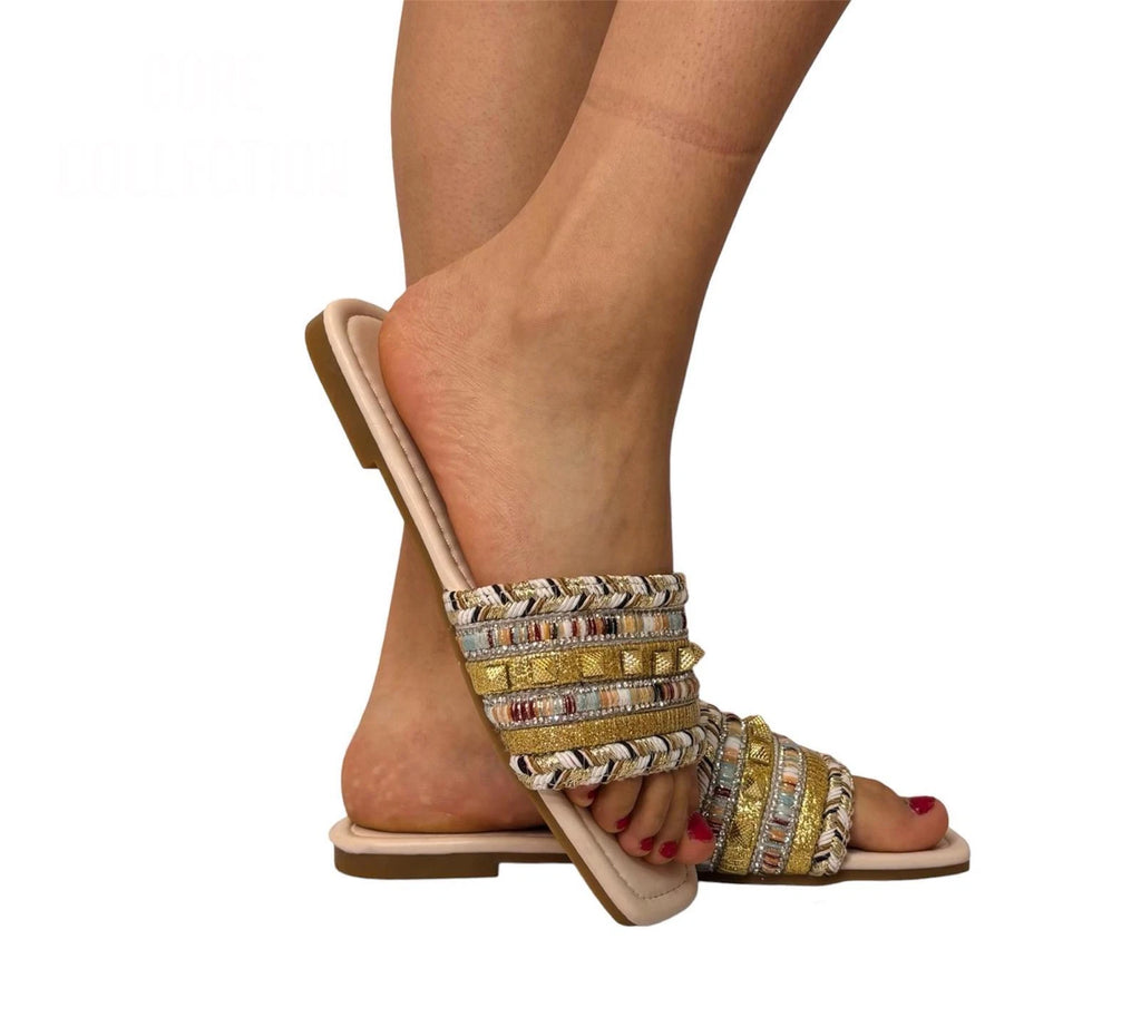 Amelia Ladies Woven Tweed Flat Sandals | Boho Summer Slider Mules