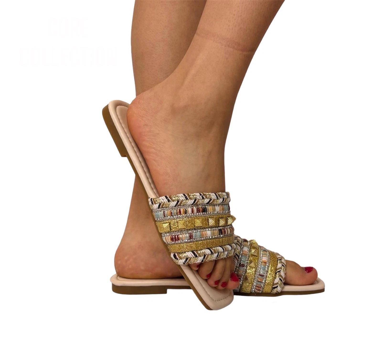 Amelia Ladies Woven Tweed Flat Sandals | Boho Summer Slider Mules