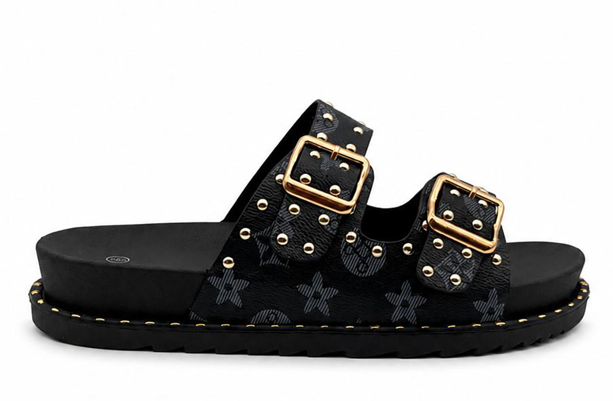 Hannah Ladies Studded Monogram Double Buckle Slide Sandals