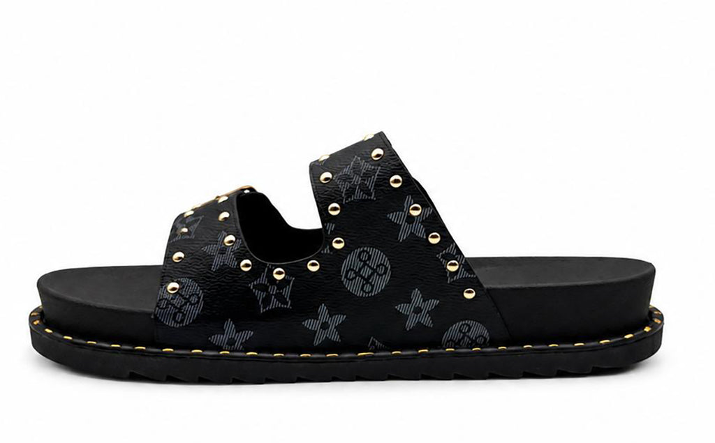 Hannah Ladies Studded Monogram Double Buckle Slide Sandals