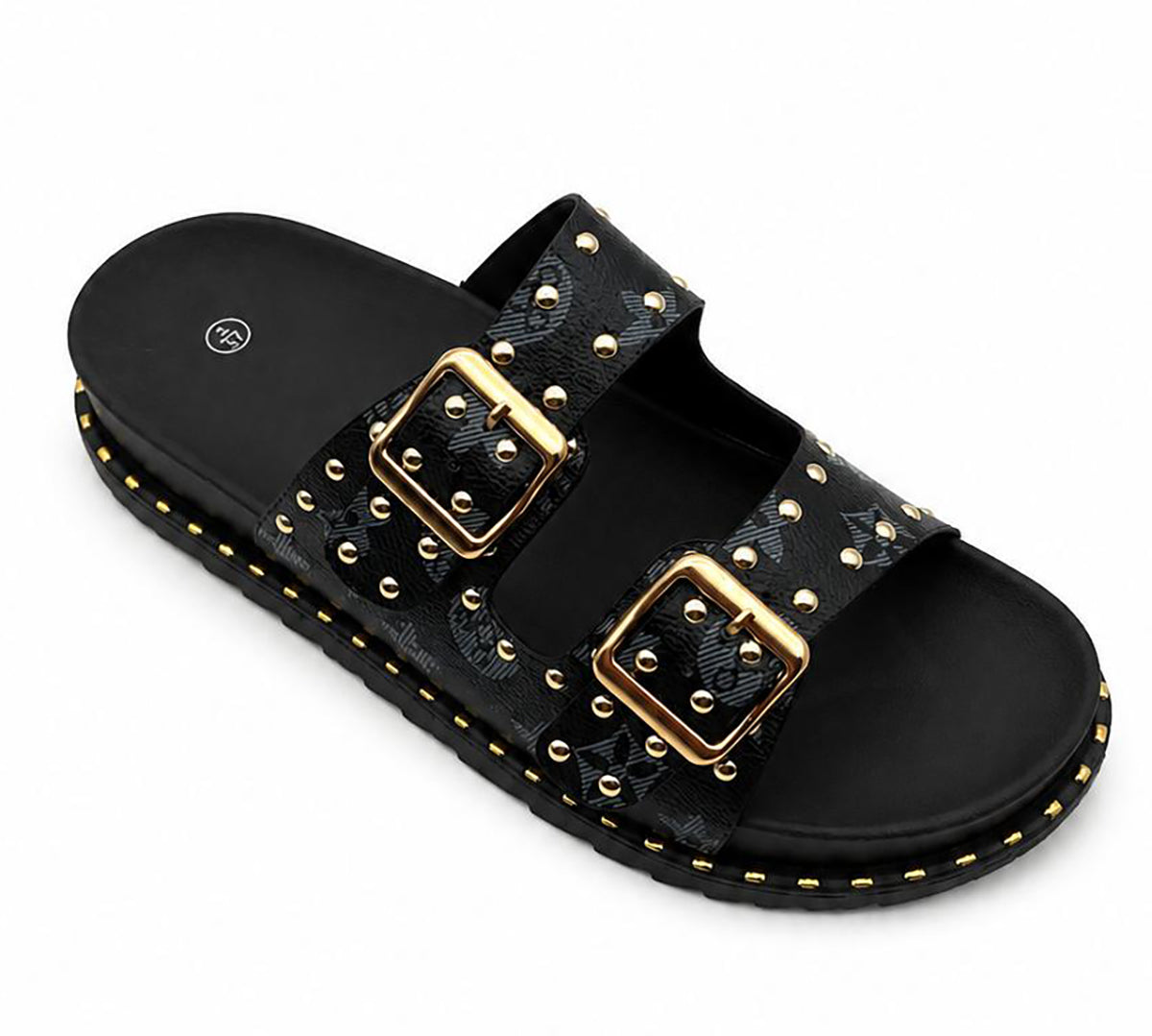 Hannah Ladies Studded Monogram Double Buckle Slide Sandals