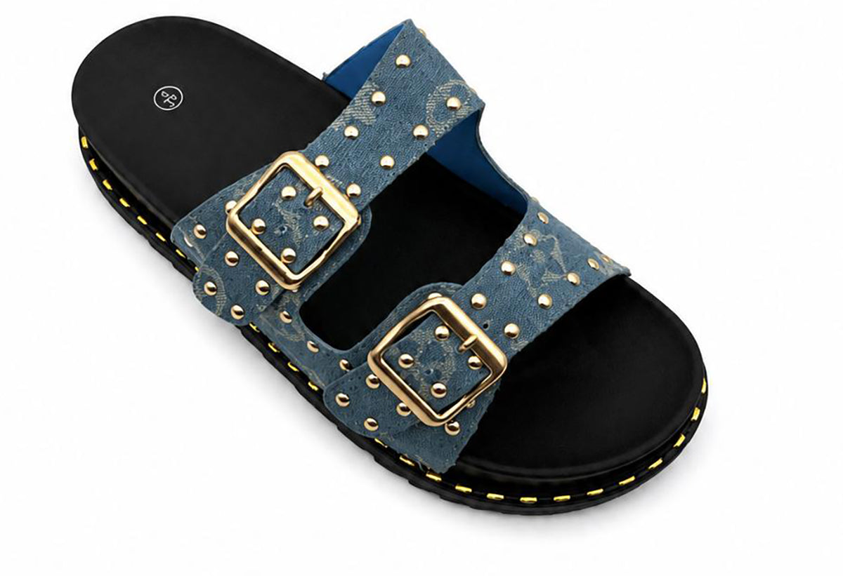 Hannah Ladies Studded Monogram Double Buckle Slide Sandals