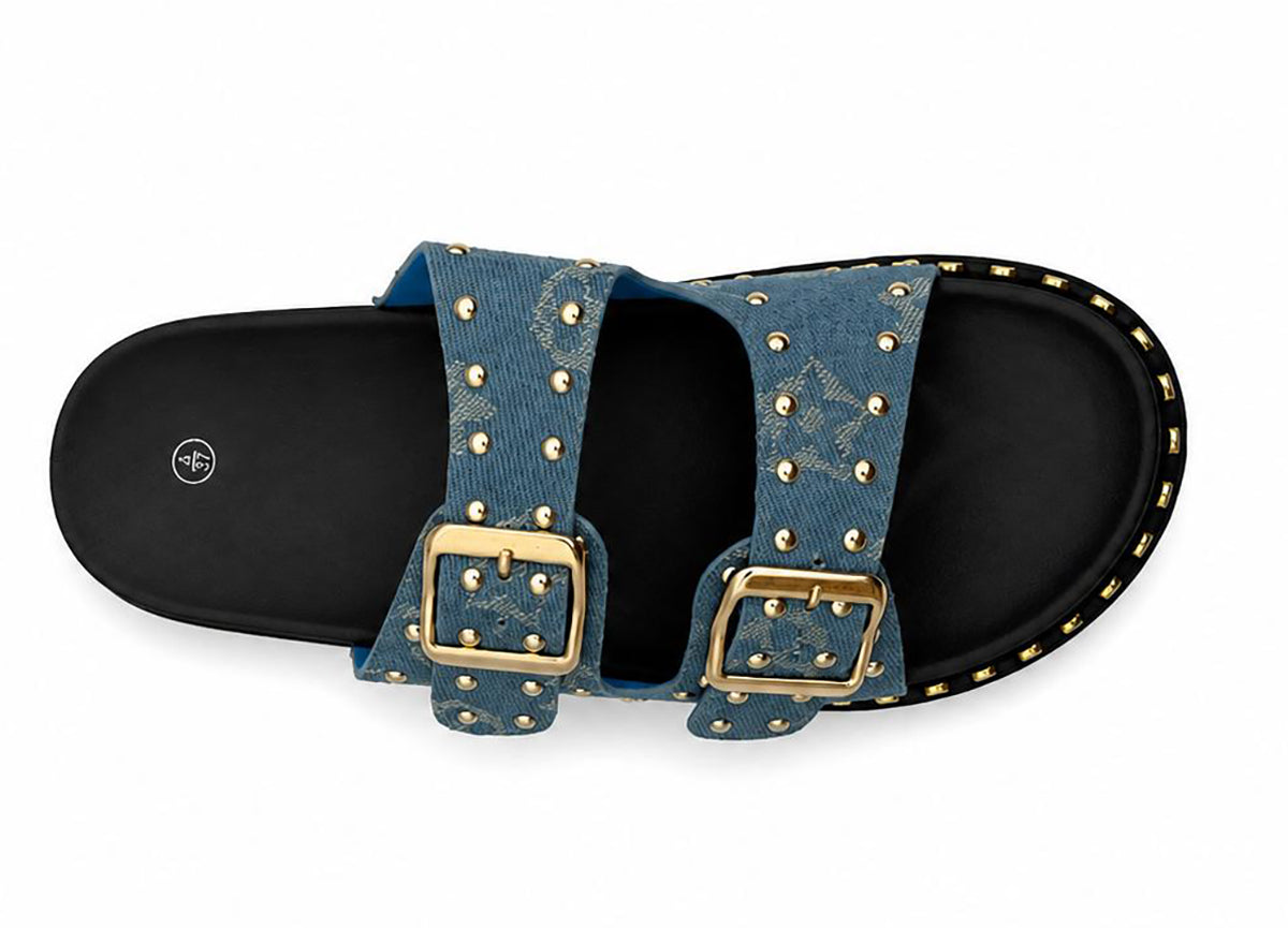 Hannah Ladies Studded Monogram Double Buckle Slide Sandals