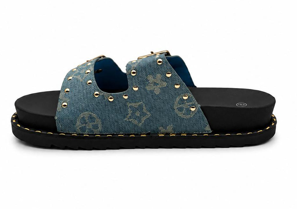 Hannah Ladies Studded Monogram Double Buckle Slide Sandals