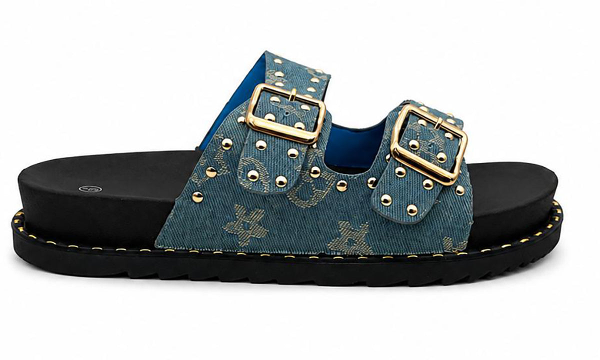 Hannah Ladies Studded Monogram Double Buckle Slide Sandals