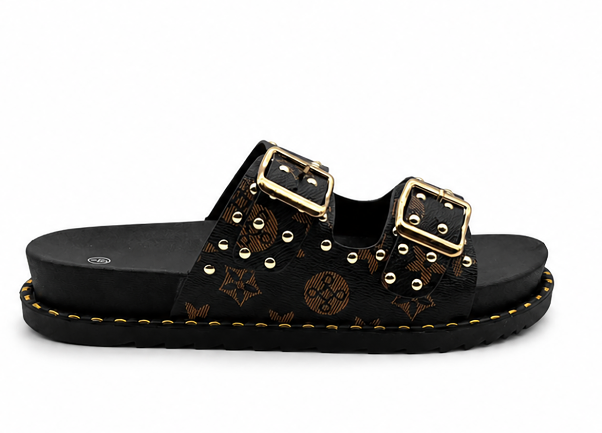 Hannah Ladies Studded Monogram Double Buckle Slide Sandals