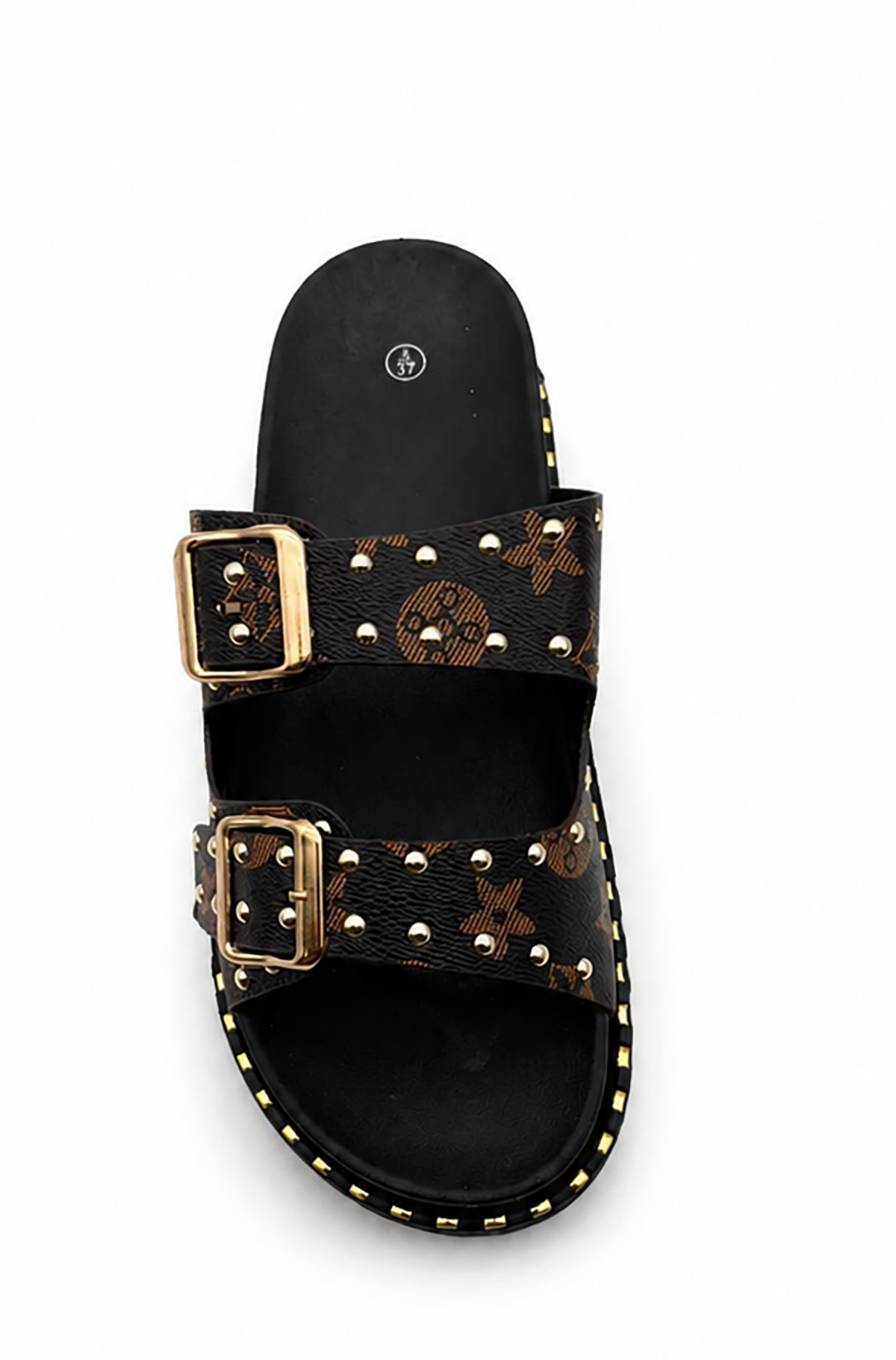 Hannah Ladies Studded Monogram Double Buckle Slide Sandals