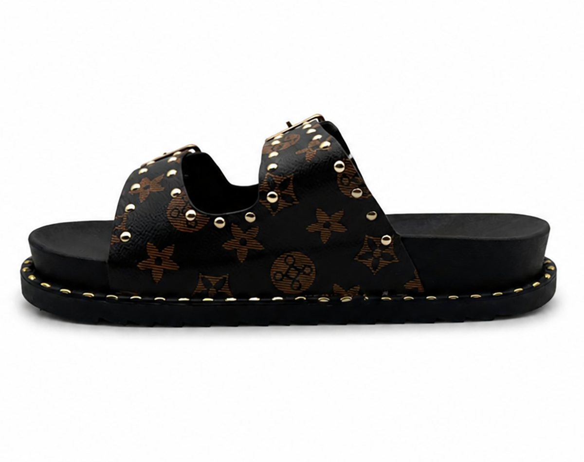 Hannah Ladies Studded Monogram Double Buckle Slide Sandals