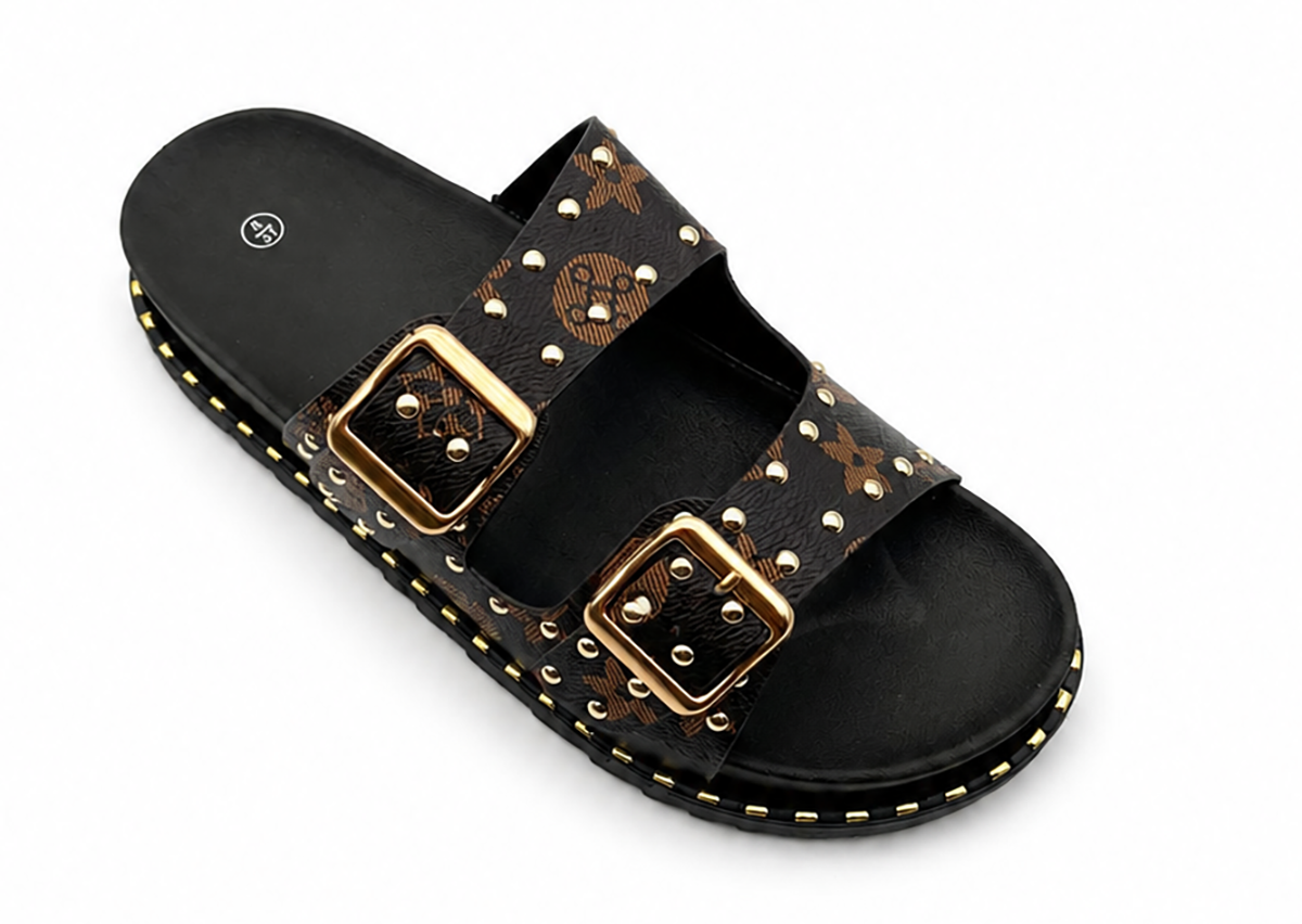 Hannah Ladies Studded Monogram Double Buckle Slide Sandals