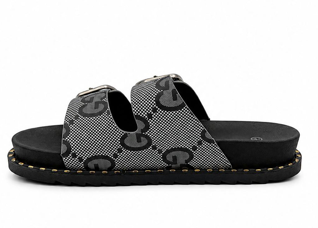 Jenny Women's Mules Slides Double Buckle Monogram Faux Leather Sandals