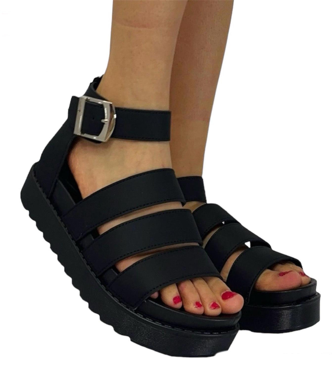 Chloe Ladies Faux Leather Gladiator Platform Sandals | Multi-Strap Buckle Open Toe