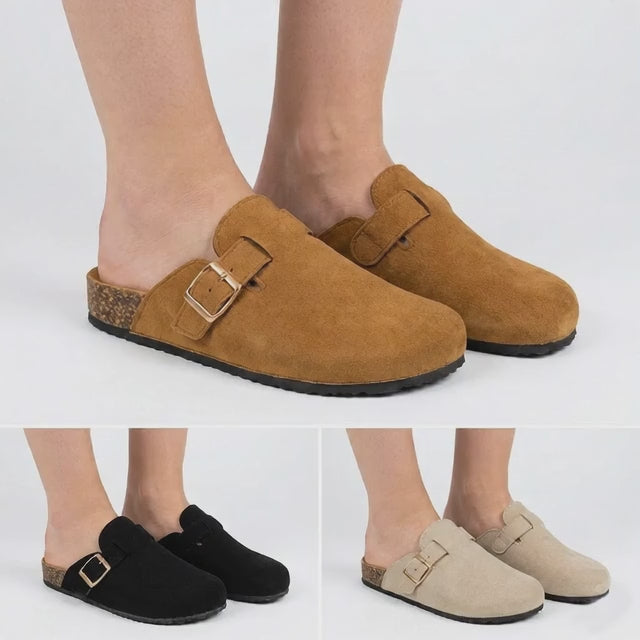 Sophia Ladies Faux Suede Closed Toe Mules | Comfort Buckle Clogs