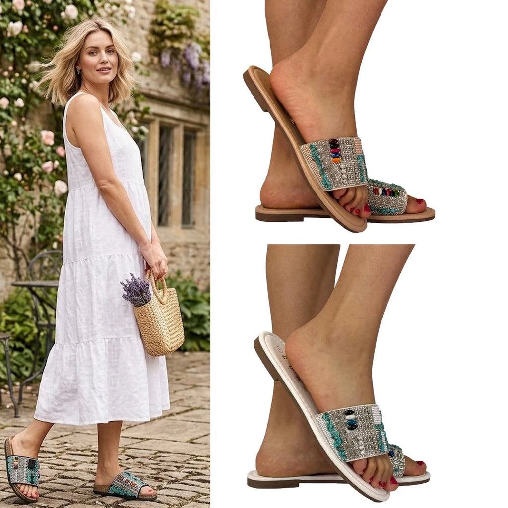 Sienna Women's Rhinestone Beaded Slide Sandals | Boho Slip-On Flat Mules