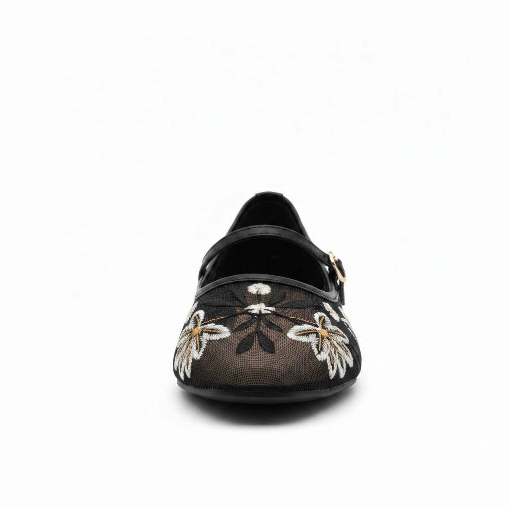 Lily Women's Sheer Mesh Flat Pumps | Floral Embroidered Mary Janes